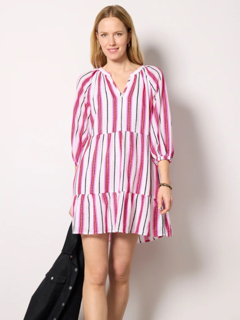 Evereve Cassidy Dress, featuring a vibrant pink, red, and black striped pattern